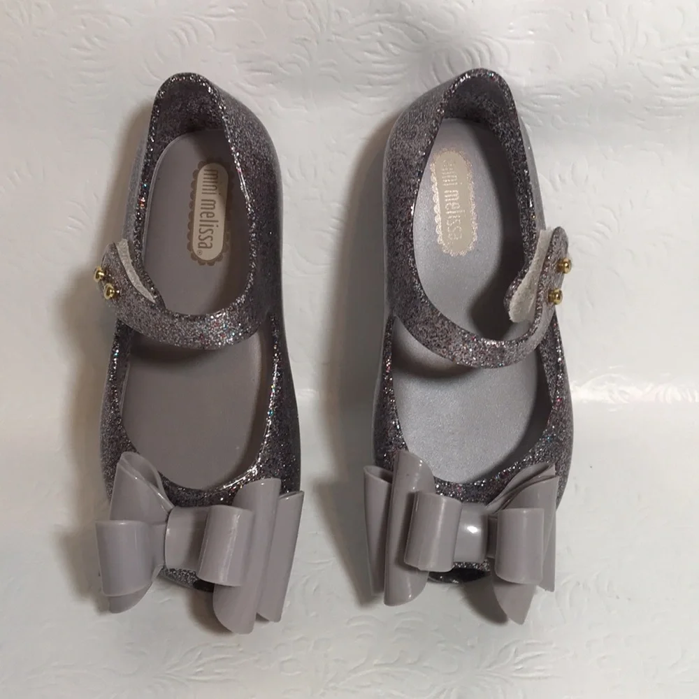 Mini Melissa Ultragirl Glittery Triple Bow Silver Jelly Shoes Size 7
